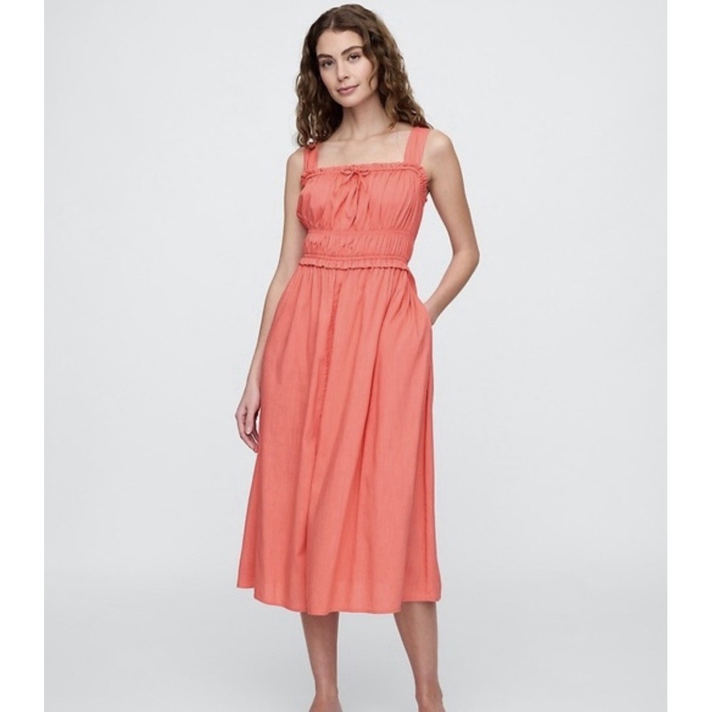 Gap Cotton Smocked Midi‎ Dress XL Gauze Euro Summer Cottage Beach Coral Pink